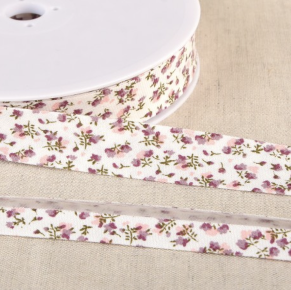Biais de coton Bio Fleuri Fond blanc tons rose lilas