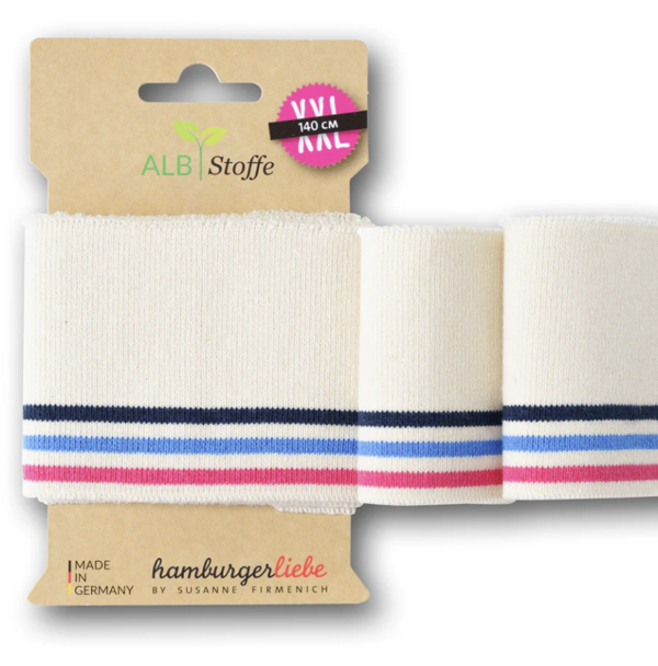 Bord côte Albstoffe en coton bio ecru bleus fuchsia